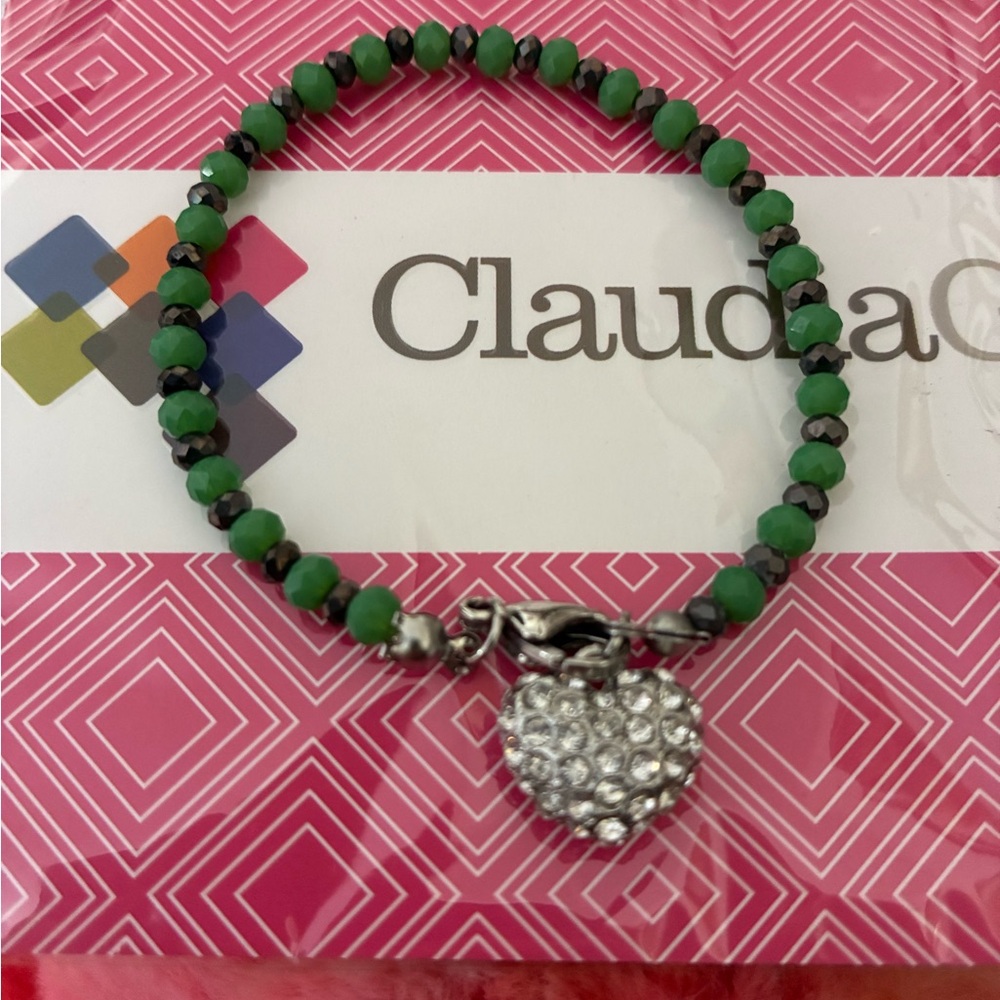 Green Beaded Bracelet with Silver Heart Charm Claudia G Lucky Lime New